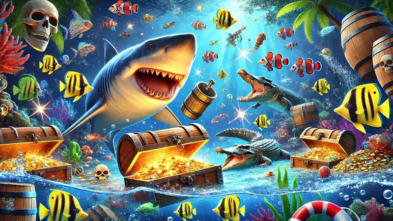 Visual permainan tembak ikan dengan sasaran dan arena berwarna